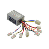 24 Volt 250 Watt Universal Speed & Voltage Controller for electric scooters, featuring multiple connectors and visible wiring, including motor, battery, charge, derailleur, lock, brake, and brake signal connections.