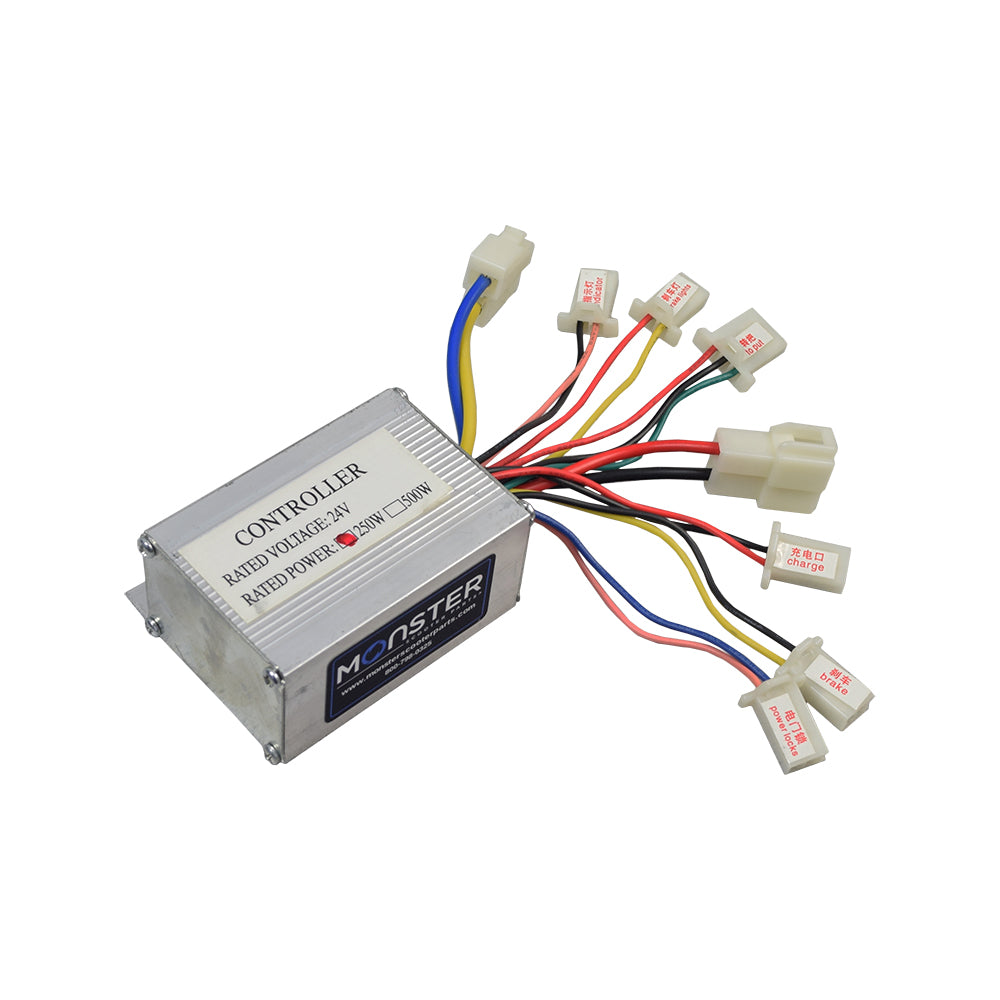 24 Volt 250 Watt Universal Speed & Voltage Controller with eight connectors for motor, battery, charge, derailleur, lock, brake, and brake signal. Includes visible wiring and a close-up of the controller.