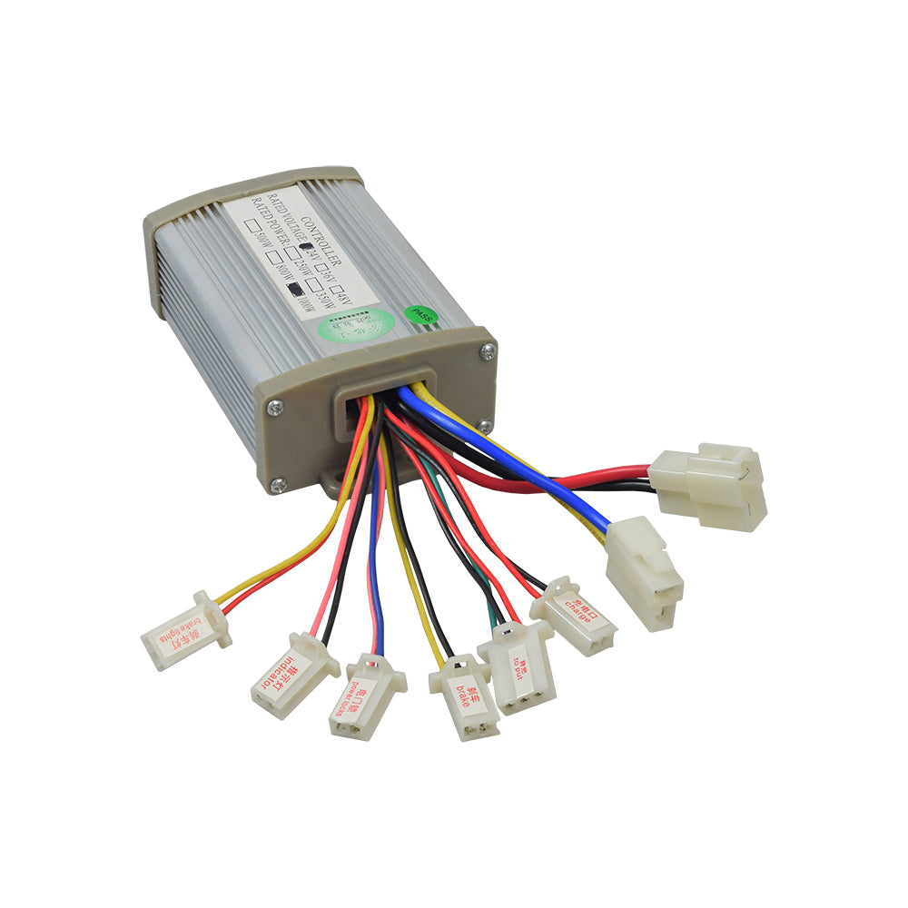 24 Volt 1000 Watt / 1000W Permanent Magnet Universal Speed & Voltage Controller with multiple colored wires and connectors, designed for electric scooters, bikes, go karts, and mopeds.