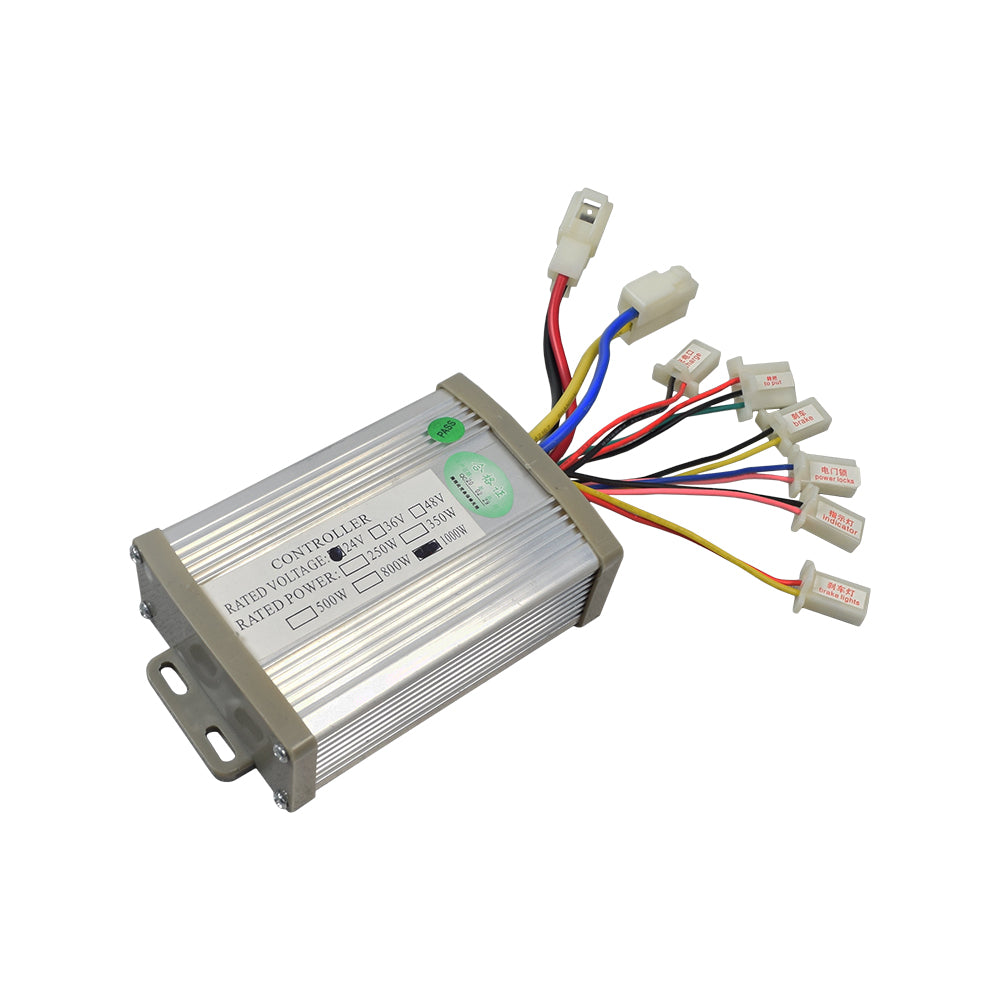 Close-up of the 24 Volt 900 Watt Motor, Controller, & Throttle Kit featuring connected colored wires, power supply, and labeled components.