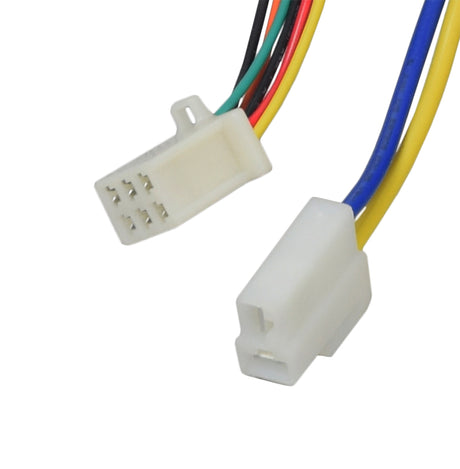 Close-up of the HB3650-TYD6-FS control module with a 6-wire throttle connector for the Razor SX500 (Versions 1+), highlighting the colored wires and white electrical connector.