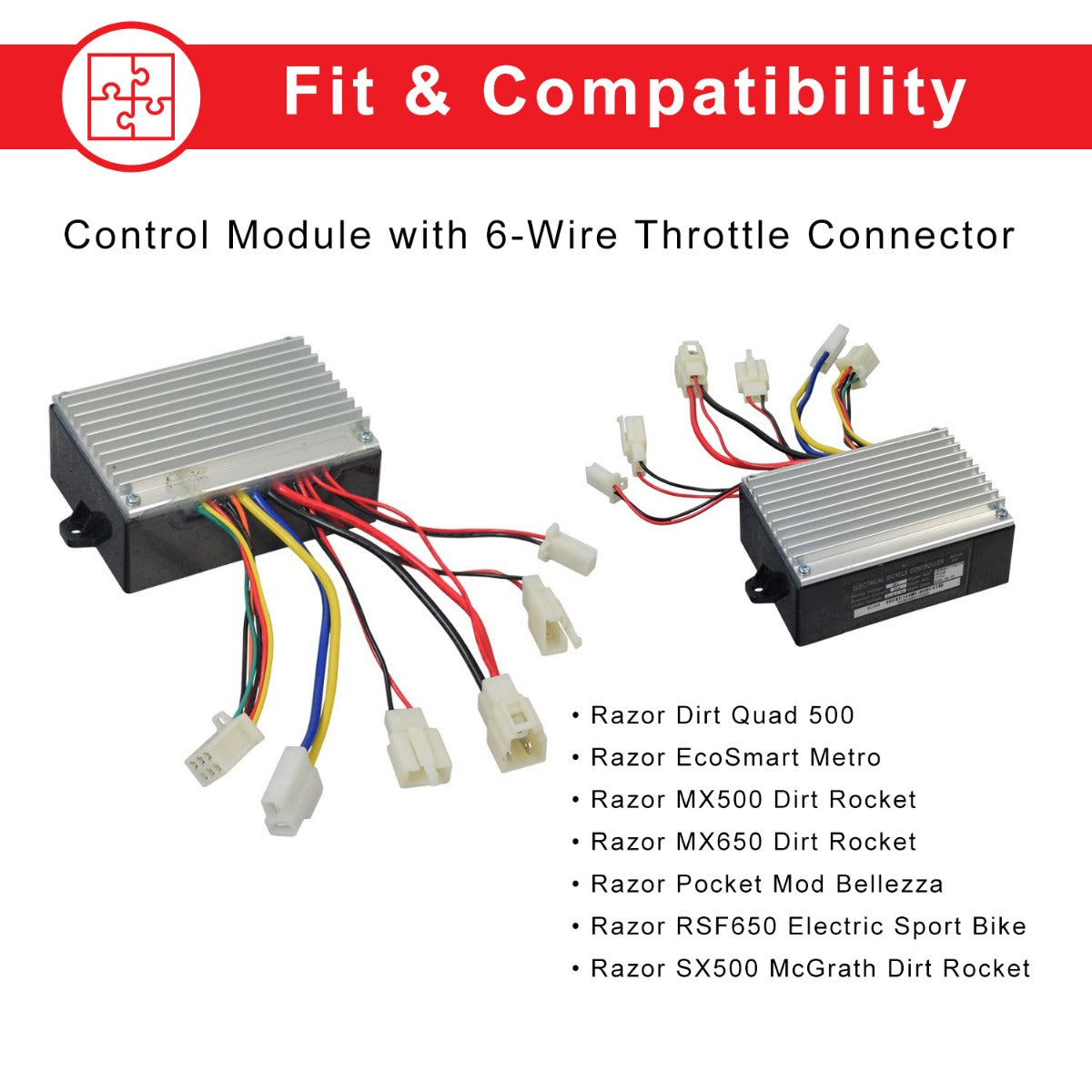 Close-up of the HB3650-TYD6-FS Control Module with 6-Wire Throttle Connector for Razor MX500 (Versions 21+), MX650 (Versions 14+), RSF650, EcoSmart Metro (All Versions), and Pocket Mod Bellezza.