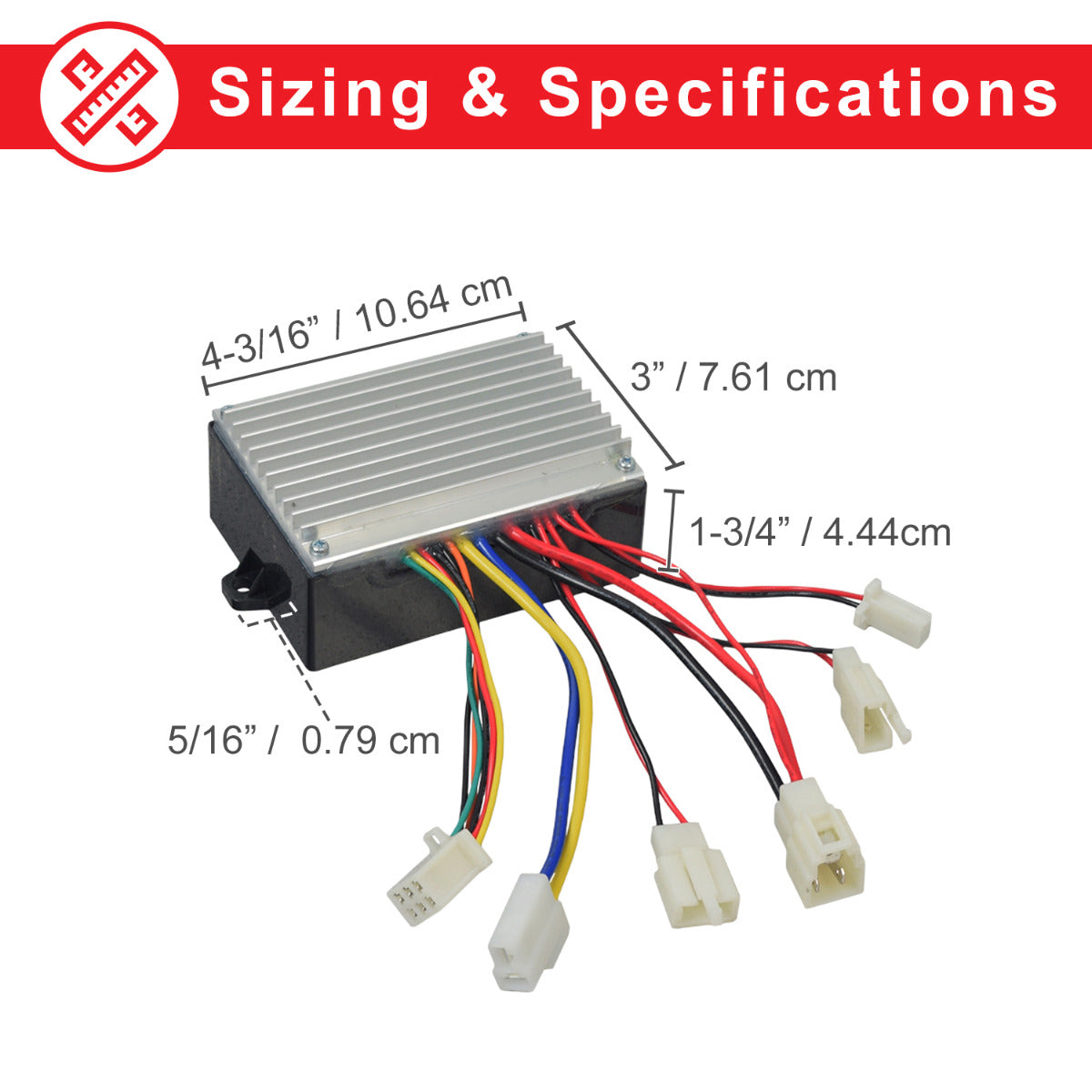 HB3650-TYD6-FS Control Module with 6-Wire Throttle Connector for Razor MX500 (Versions 21+), MX650 (Versions 14+), RSF650, EcoSmart Metro (All Versions), & Pocket Mod Bellezza, featuring different colored wires.