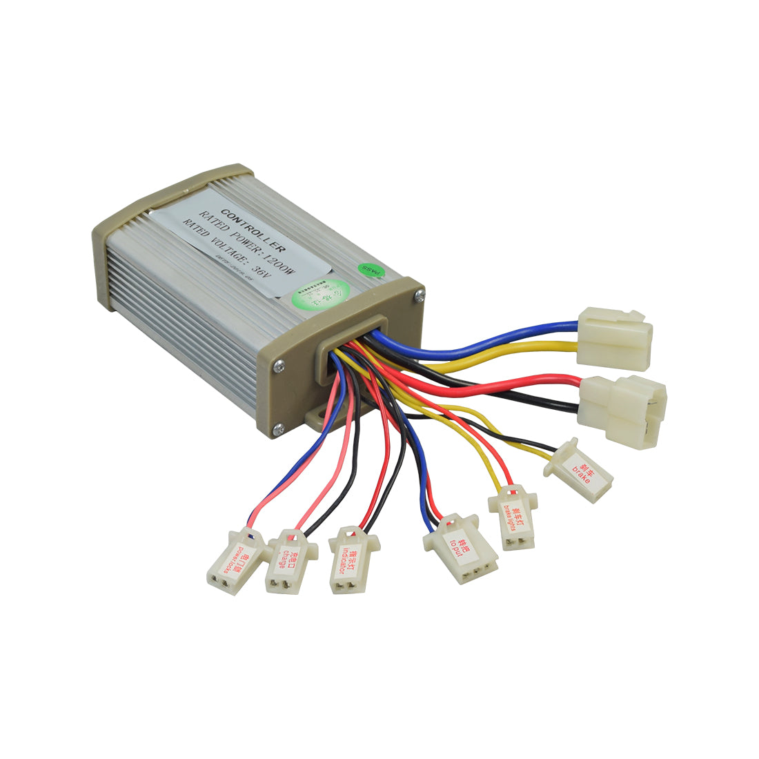 36 Volt 1200 Watt Universal Speed & Voltage Controller for Scooters, Bikes, & Go-Karts, featuring close-up views of connectors, colored wires, and labels, highlighting its multiple connection points and functionalities.