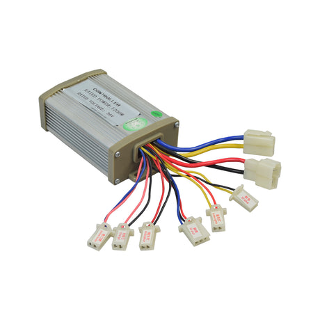 36 Volt 1200 Watt Universal Speed & Voltage Controller for Scooters, Bikes, & Go-Karts, featuring close-up views of connectors, colored wires, and labels, highlighting its multiple connection points and functionalities.