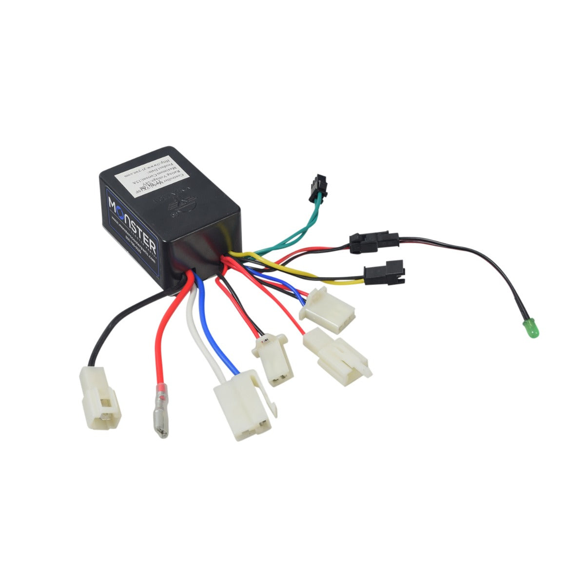 YK19F 24 Volt Controller for the Pulse Charger, featuring a black box with connected colorful wires and a 3-wire throttle connector, designed for older Pulse Charger electric scooters.