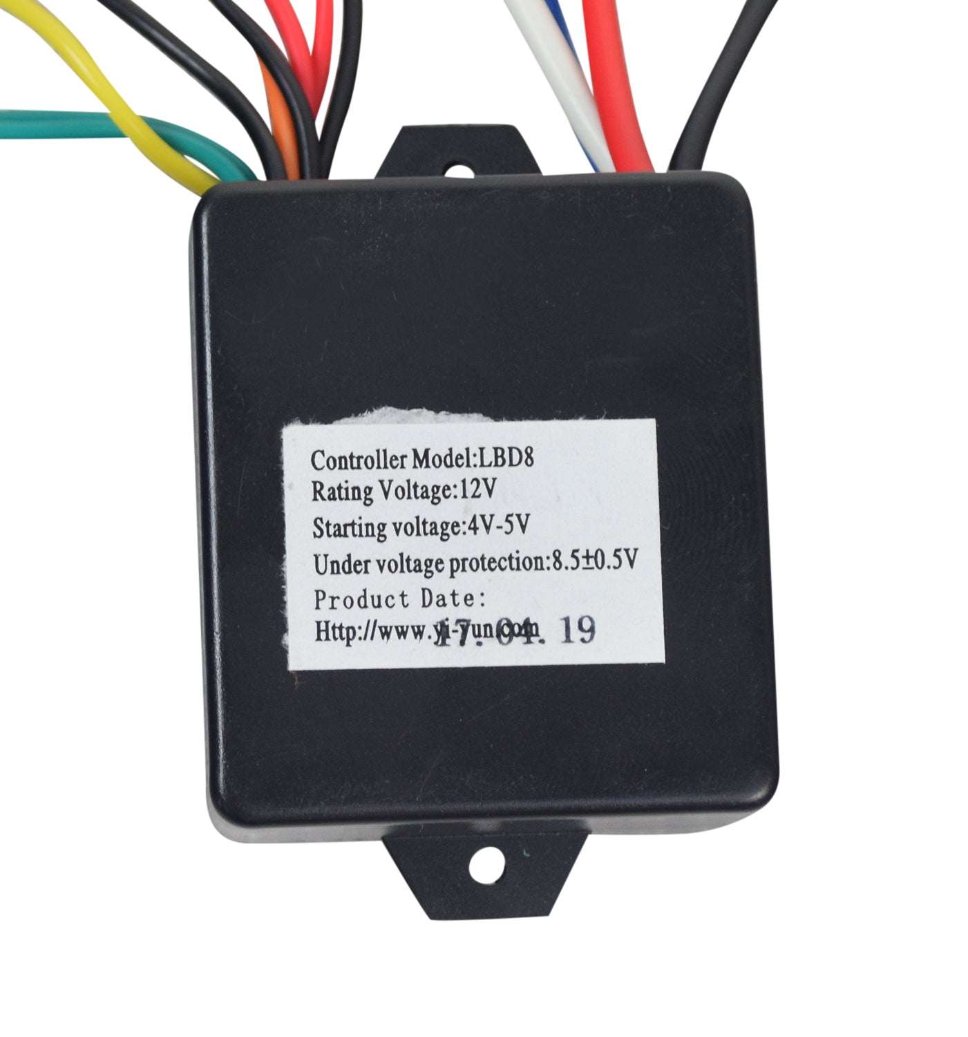 12 Volt LBD8 Controller for the Avigo Extreme scooter, featuring a black box with colorful wires, a white label with text and numbers, and a close-up detail of a black and red cable.