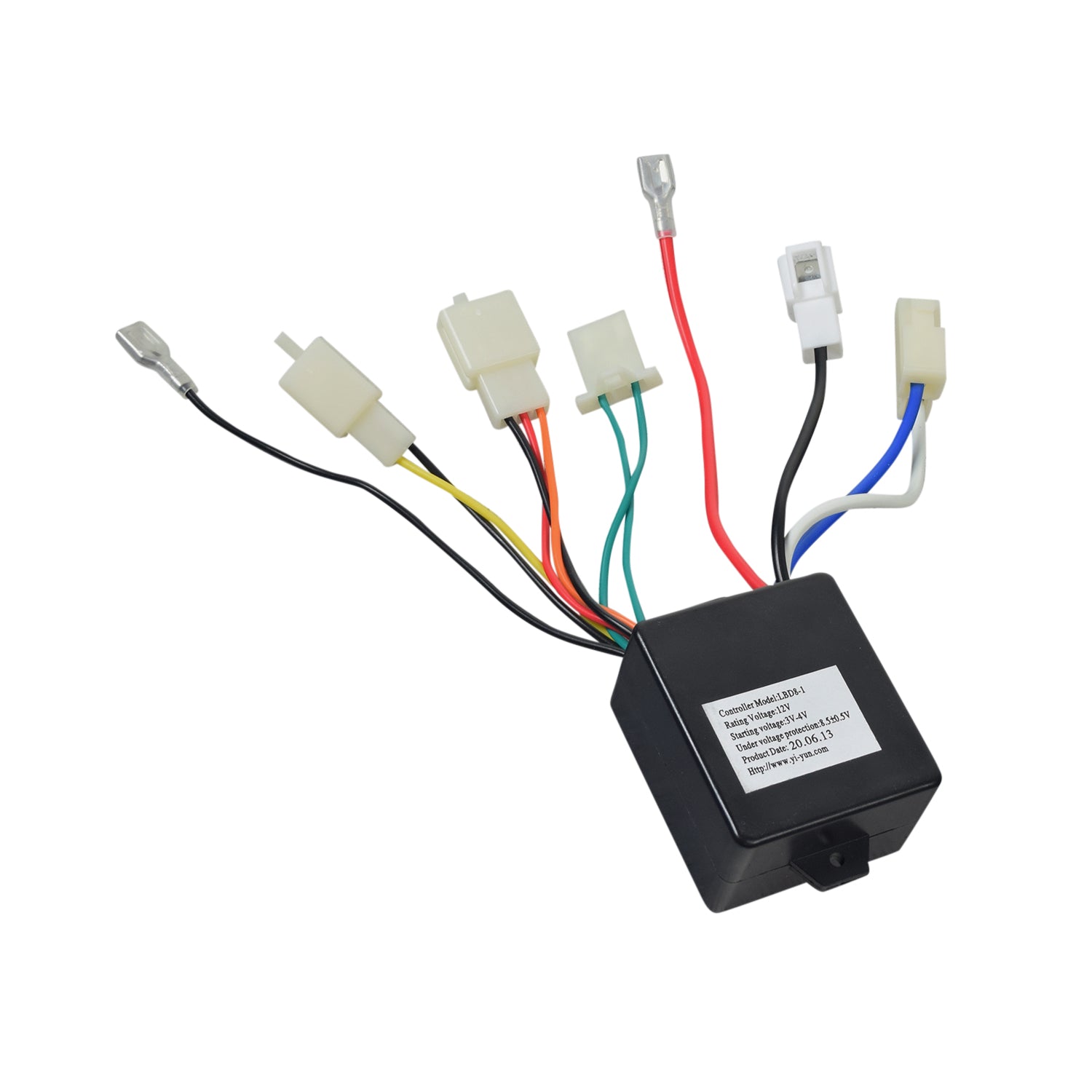 12 Volt LBD8-1 Controller for Pulse RK9 & Revster Electric Scooters, featuring a black box with colorful wires and white square connectors, ideal for replacing faulty scooter units.