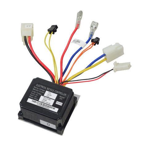 ZK1218D Control Module for the Razor PowerRider 360, featuring a black box with seven colorful wires connected, essential for replacing malfunctioning control modules in the PowerRider 360.