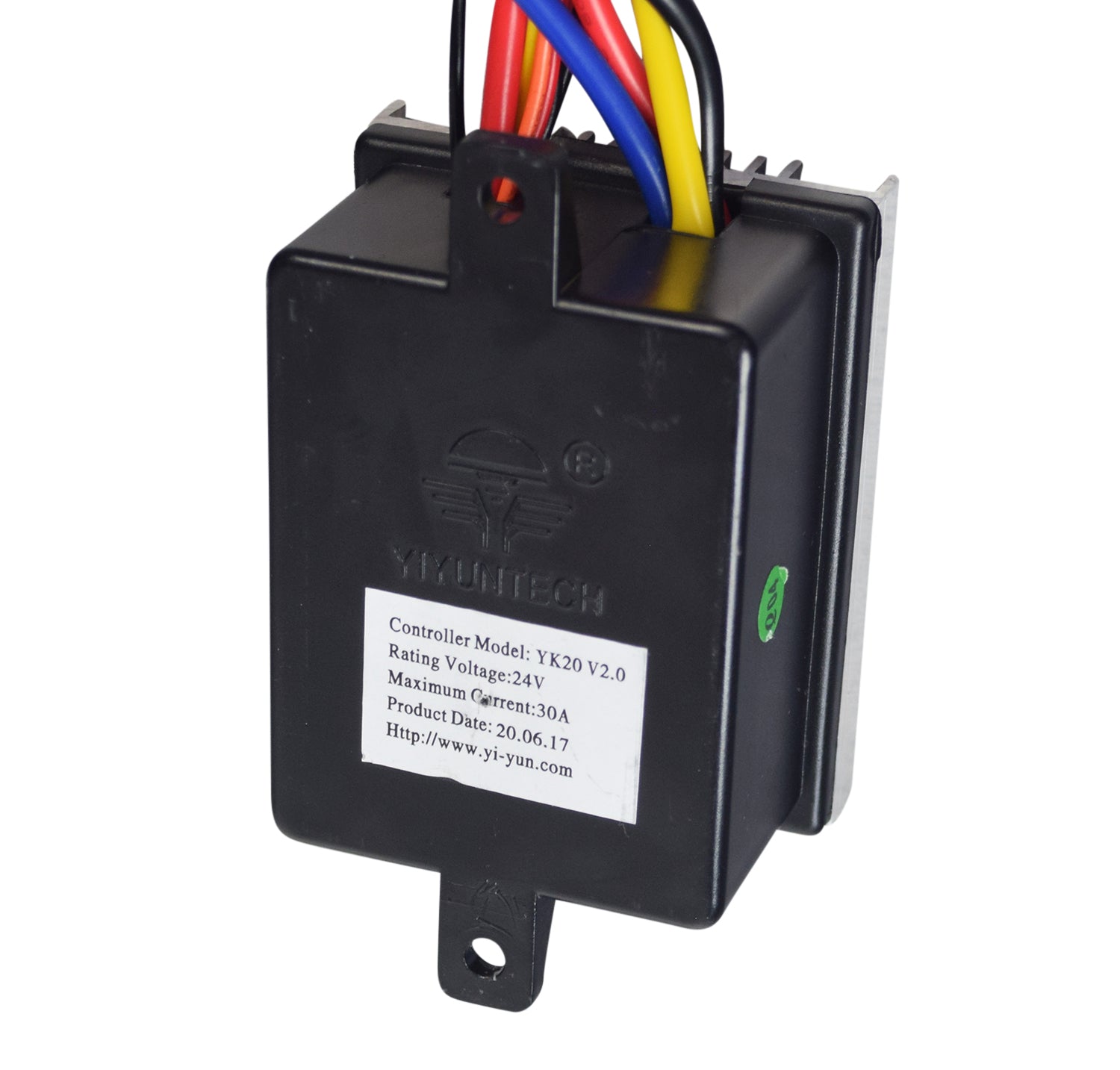 24 Volt YK20 V2.0 Controller for the Hyper HPR 350 Electric Motorcycle, featuring a black rectangular module with a white label and multiple colorful wires visible.