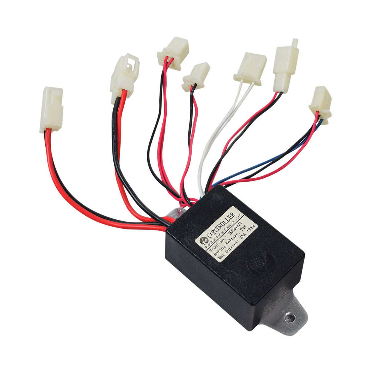 24 Volt TRE2423V Controller for the Pulse ATV Quad Ride-On featuring a black box with red and white wires and a white label.