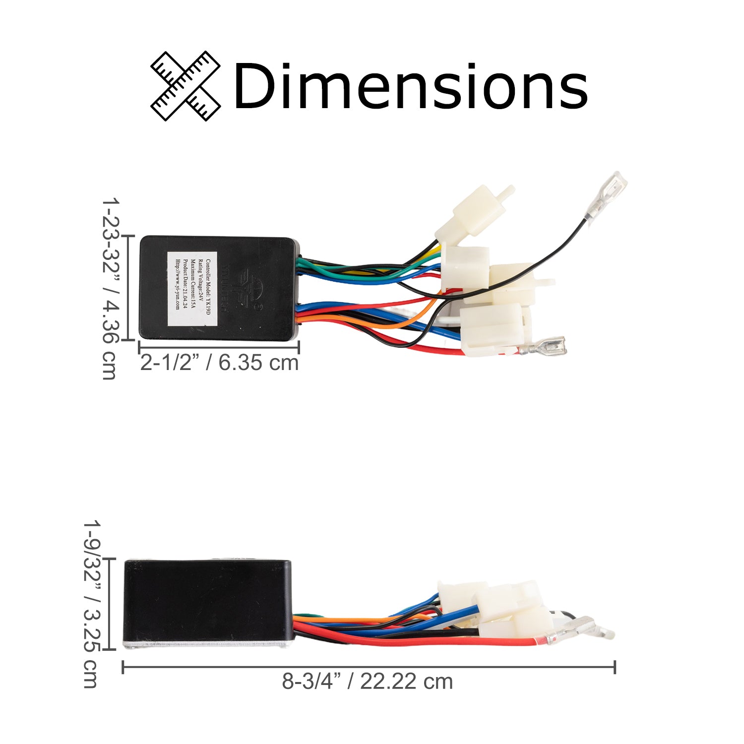 24 Volt YK19F Controller for the Pulse EM-1000 Electric Dirt Bike & Street Cruiser E-Motorcycle, featuring a black rectangular box with a white label and multiple colored wires for easy plug & play installation.