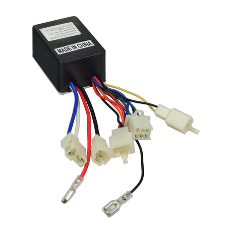 24 Volt YK19F Controller for the Pulse EM-1000 Electric Dirt Bike & Street Cruiser E-Motorcycle, showing a black box with multiple colorful wires and connectors for easy plug & play installation.