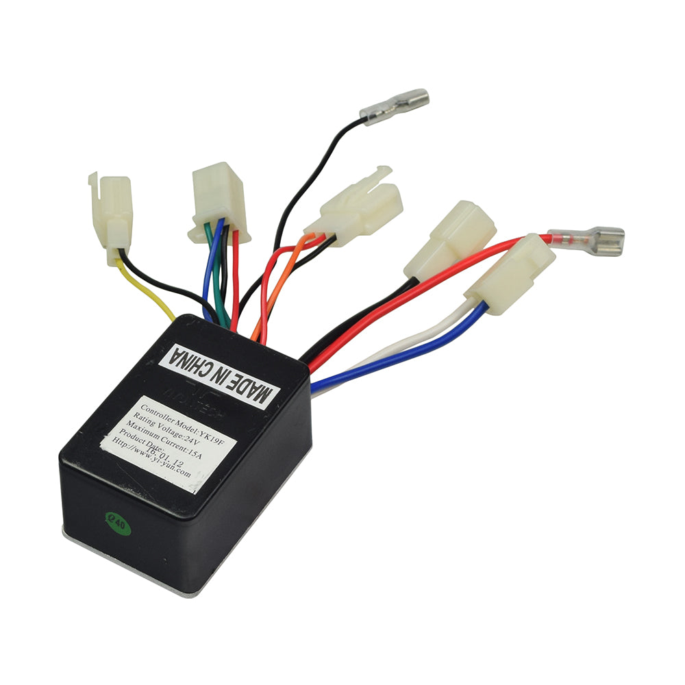 24 Volt YK19F Controller for the Pulse EM-1000 Electric Dirt Bike and Street Cruiser, showing a black box with colorful wires and connectors for easy plug & play installation.