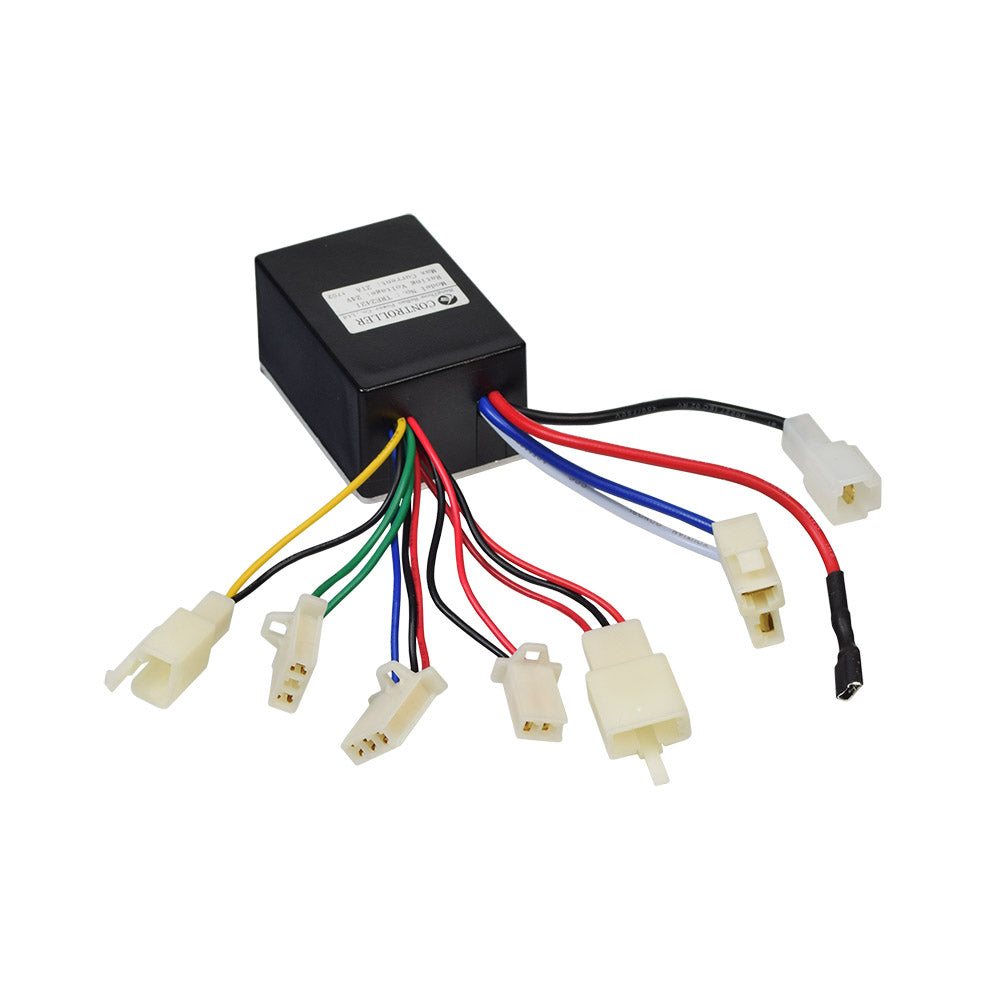 24 Volt TRE2421 Controller for the Pulse Sonic & Sonic XL, showcasing a black box with multiple colorful wires and connectors, essential for replacing faulty control modules in Pulse scooters.