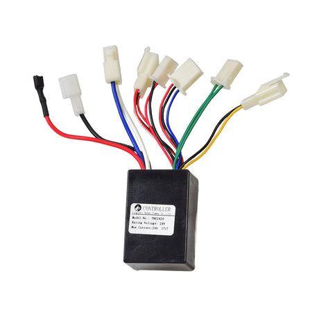 24 Volt 24 Amp TRE2424 Controller for the Pulse Super-C, featuring a black box with visible connectors and colorful wires. Ideal replacement for restoring functionality to malfunctioning Pulse Super-C electric scooters.