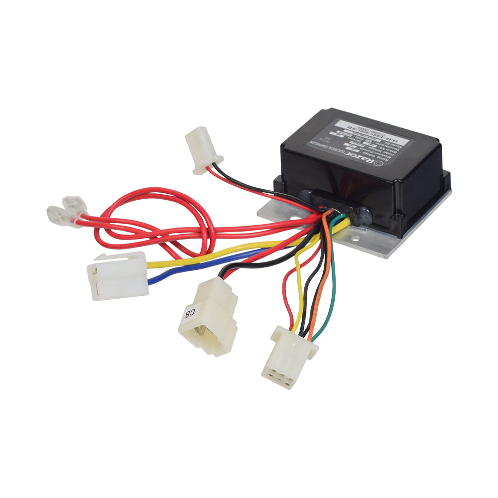 ZK2418-TYD6K-ROHS Control Module for Razor Crazy Cart Shift (Versions 1+), featuring a black box with colorful wires and connectors, essential for repairing malfunctioning carts.