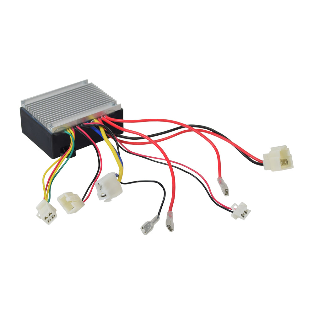 24 Volt 30 Amp Controller for the Razor RSF350: A black box with red and black wires, close-up views showing various connectors and plugs, essential for easy DIY repairs and installations.