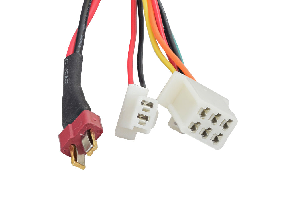 B-ZK2215-TYD6K1-ROHS 22 Volt Control Module with 6-Wire Throttle Connector for Razor Drift Rider (Version 1+), showcasing a close-up of several colored and black wires connected to a black rubber boot.