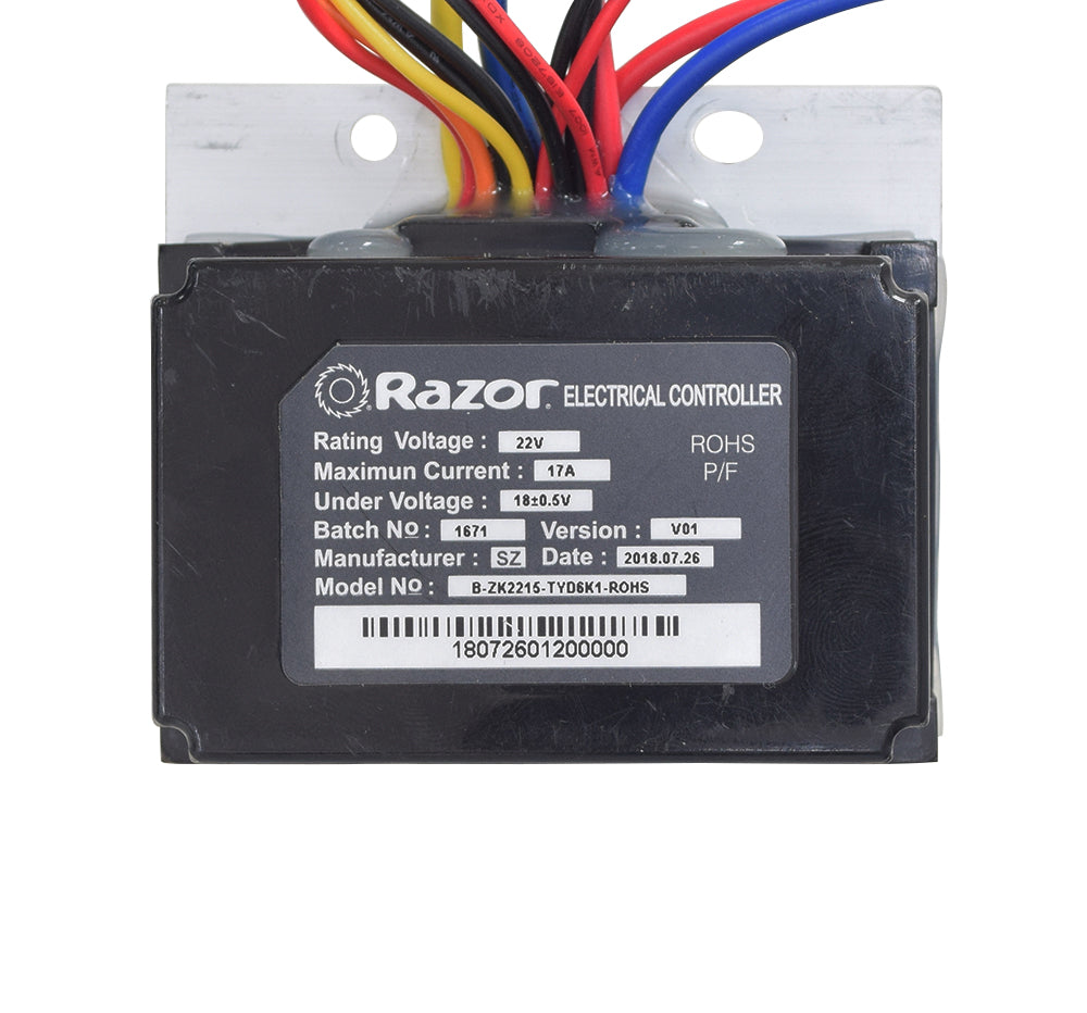 B-ZK2215-TYD6K1-ROHS 22 Volt Control Module for Razor Drift Rider (V1+) featuring a black electronic device with colored wires and a 6-wire throttle connector.