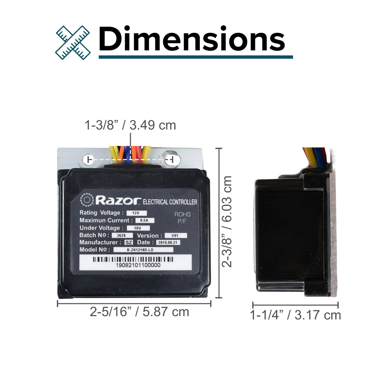 B-ZK1218D-LD Control Module for the Razor E-Punk, a small rectangular device with visible wires and connectors, featuring a label and barcode.