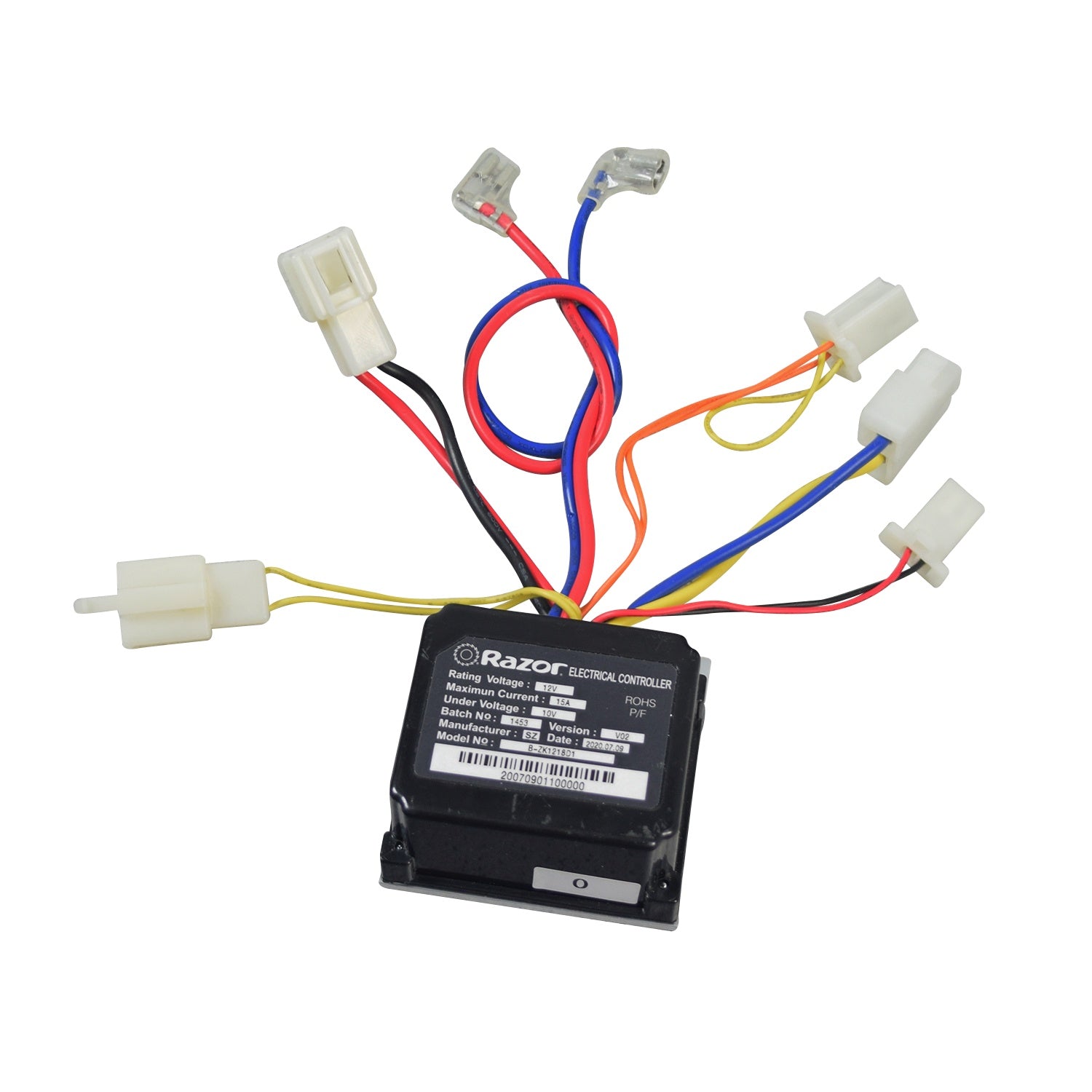 B-ZK1218D1 Control Module for the Razor MX125 Dirt Bike & Pocket Mod Petite Scooter, featuring colorful wires and connectors, designed as a direct replacement for the original control module.