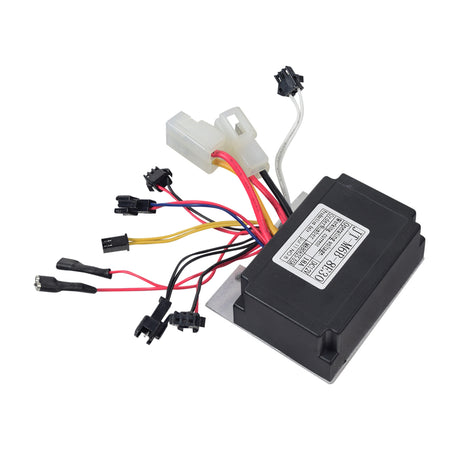 JT-M6B-8E30 12 Volt 18 Amp Control Module for Viro Rides VR 550E Scooter, a black electronic device with multiple wires and a close-up label, serving as a direct replacement part.