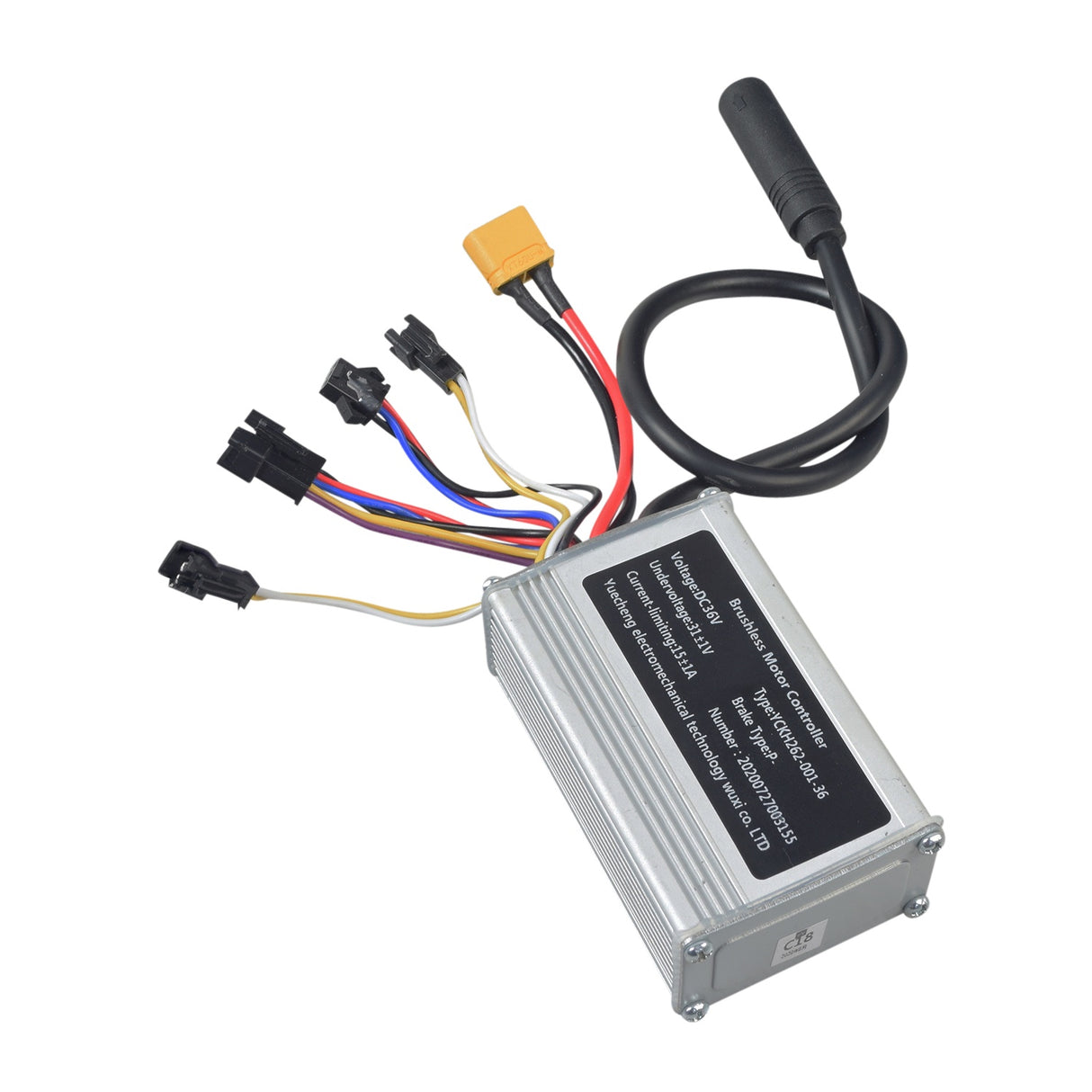 36 Volt YCKH262-001-36 Brushless Voltage Controller for the Swagtron EB5 Electric Bike, featuring multiple connectors and visible wires, essential for controlling motor functions and speed.