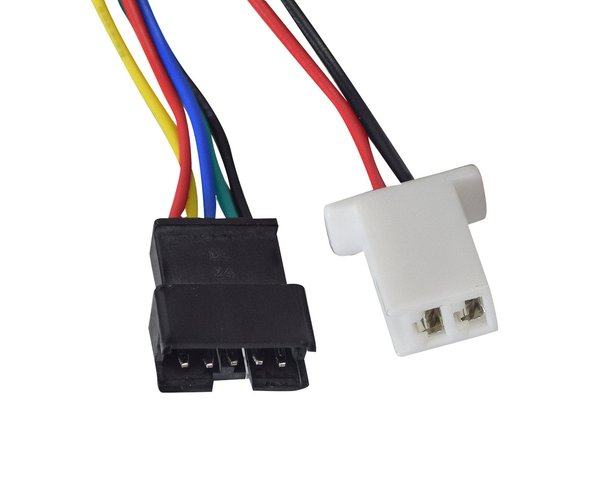 Control Module for the Razor E300 HDL Electric Scooter, featuring a white plastic connector with attached black and red wires, and a black electrical device with colorful wiring.