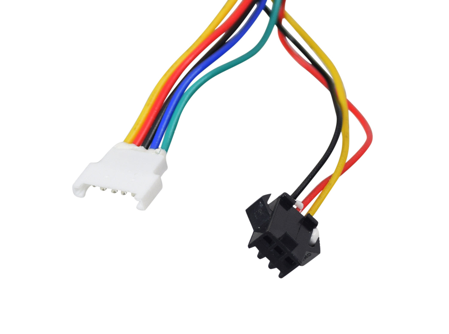 Close-up of the Control Module for the Hover-1 Alpha Folding Electric Scooter, featuring multiple colored wires, black electrical connectors, and white electrical plugs, essential for the scooter's central electronics system.