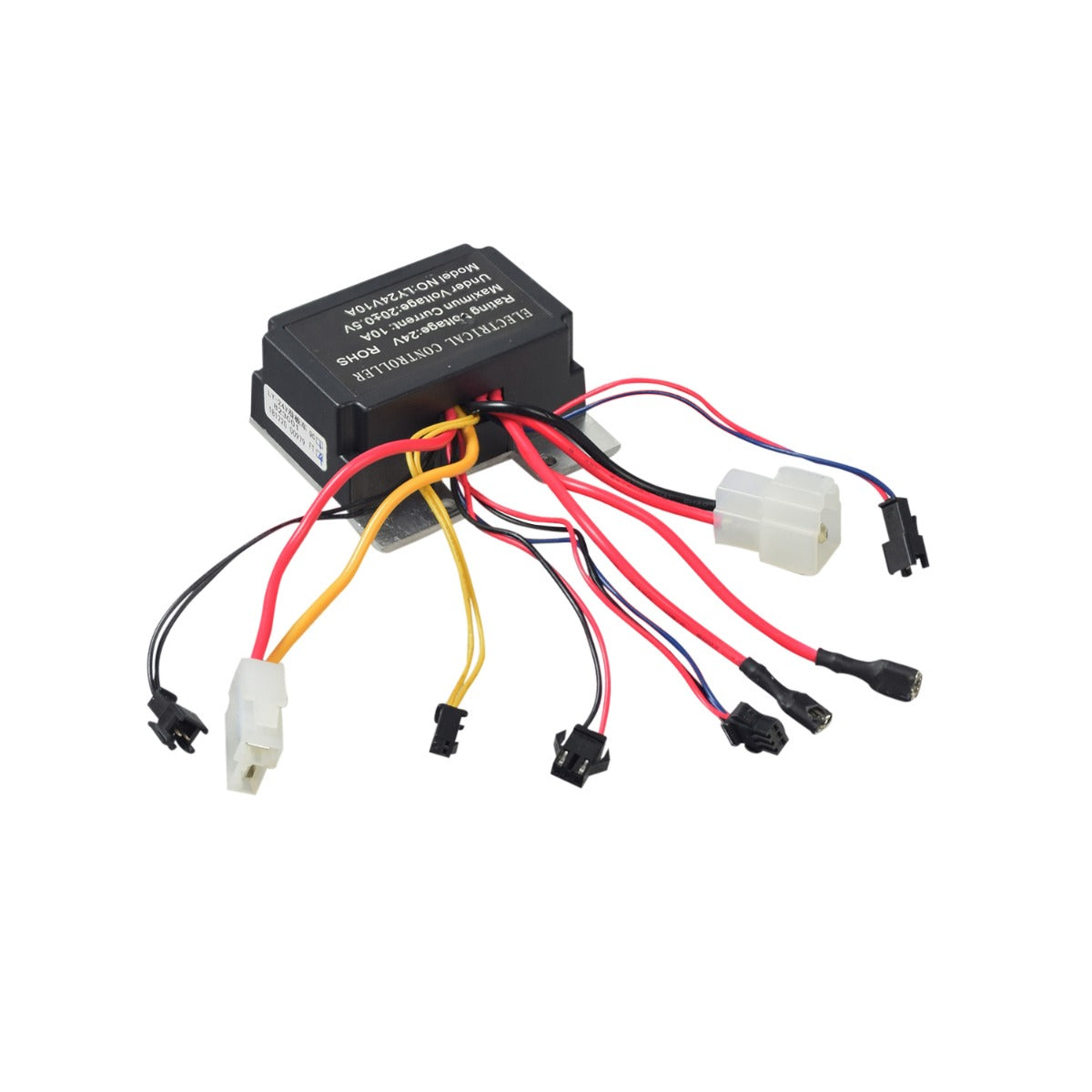 24 Volt 10 Amp Controller for the Viro Rides Vega 2-in-1 Scooter, a black box with multiple colorful wires and connectors for various circuits including throttle, speed, and brake light.