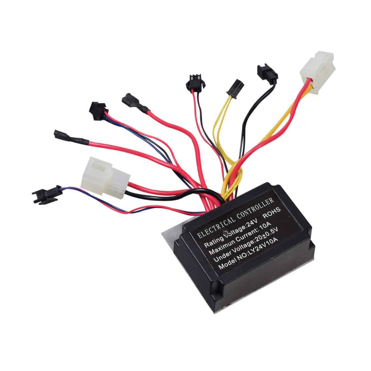 24 Volt 10 Amp Controller for the Viro Rides Vega 2-in-1 Scooter, featuring multiple colored wires and connectors for throttle, speed, brake light, and motor circuits in a compact black module.