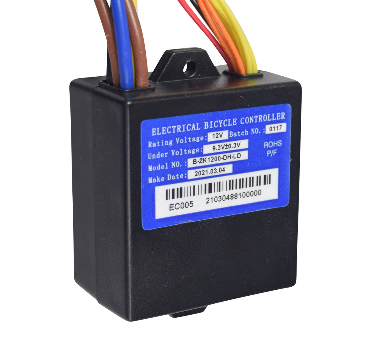 12 Volt B-ZK1200-DH-LD Control Module with colorful wires and multiple connectors, featuring a barcode label.