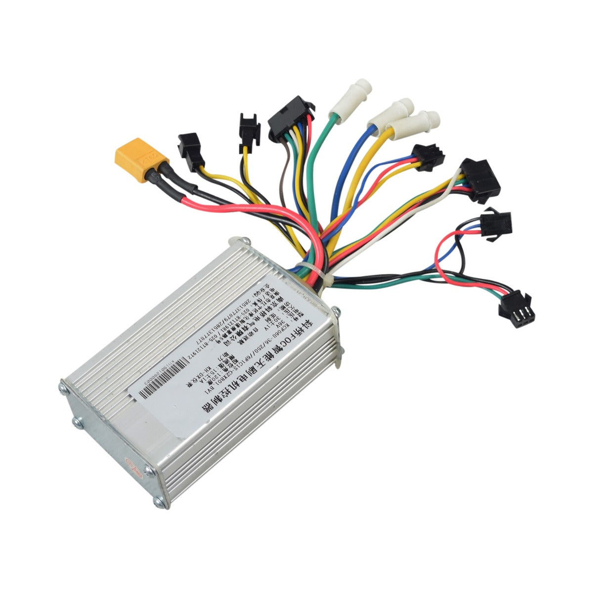 36 Volt 15 Amp KCF06U Electric Bike Controller featuring a metal box with attached wires and a close-up view of a white rectangular component.