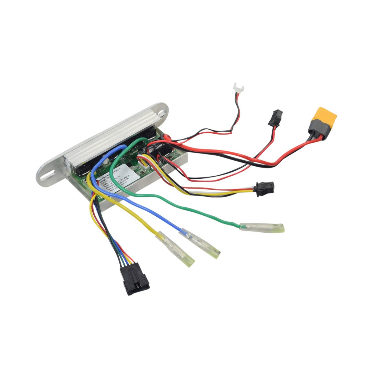 36 Volt Controller for the Hiboy® S2 Electric Scooter, showing a close-up of the PCB with multiple colored wires and connectors, partially enclosed in an aluminum housing with a yellow and black electrical plug.