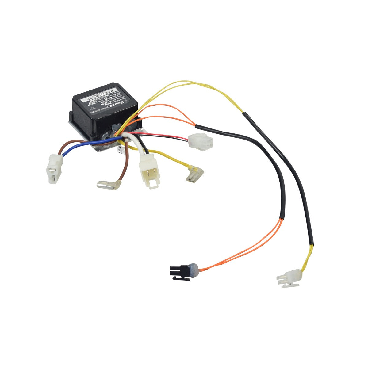 Control Module for the Razor Power Core E90 Sprint Electric Scooter, showing a black box with colorful wires and various electronic components for quick replacement of a malfunctioning scooter controller.