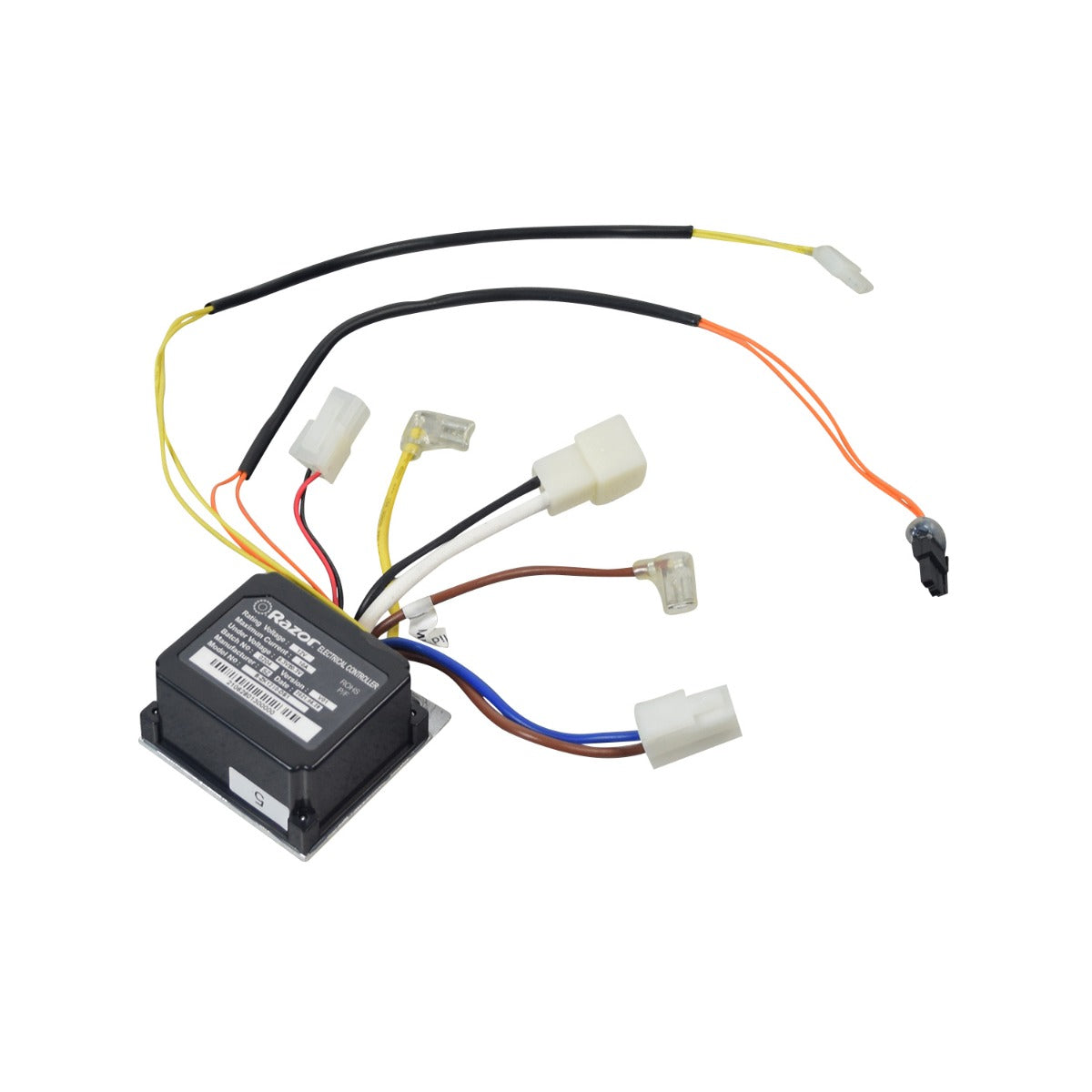 Control Module for the Razor Power Core E90 Sprint Electric Scooter, showing a black electronic device with multiple wires and plugs, designed as a replacement for malfunctioning controllers in the scooter.