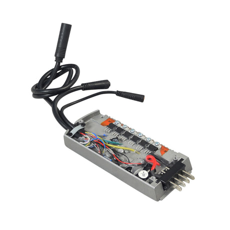 Control Module for the ANCHEER 26 350W Electric Mountain Bike, featuring a grey rectangular device with multiple black cables and connectors, essential for routing power and managing e-bike functions.