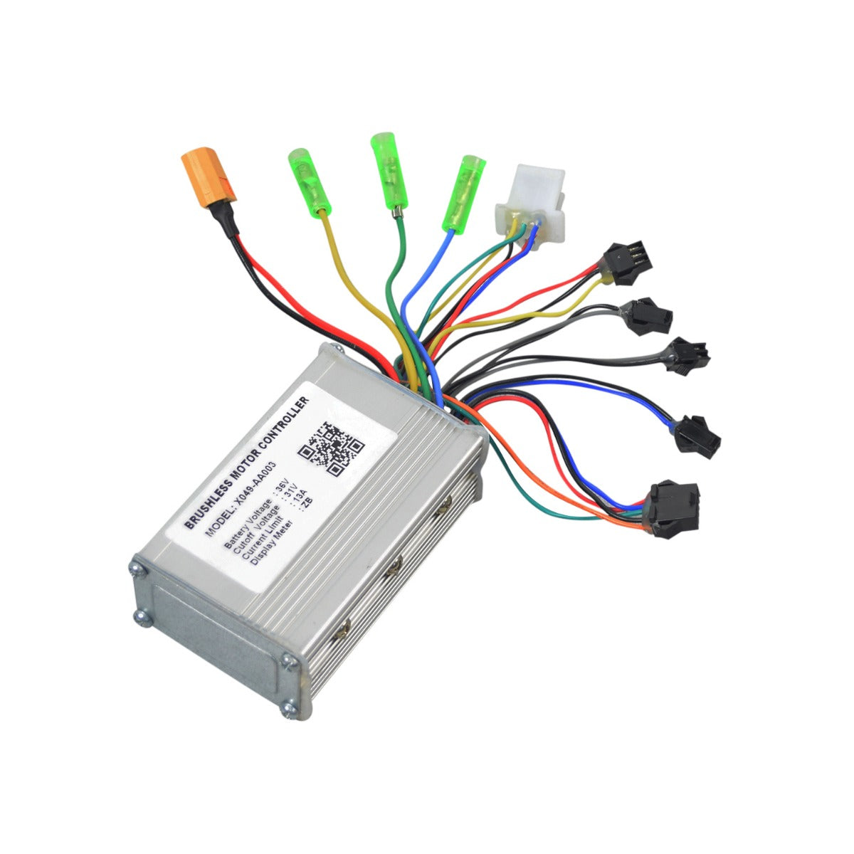 Control Module for the GOTRAX EBE1 Folding Super Sport Bike 16, showcasing a close-up of an electronic device with wires and a motor controller, including a QR code and electrical wiring.