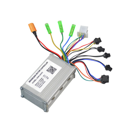 Control Module for the GOTRAX EBE1 Folding Super Sport Bike 16, showcasing a close-up of an electronic device with wires and a motor controller, including a QR code and electrical wiring.