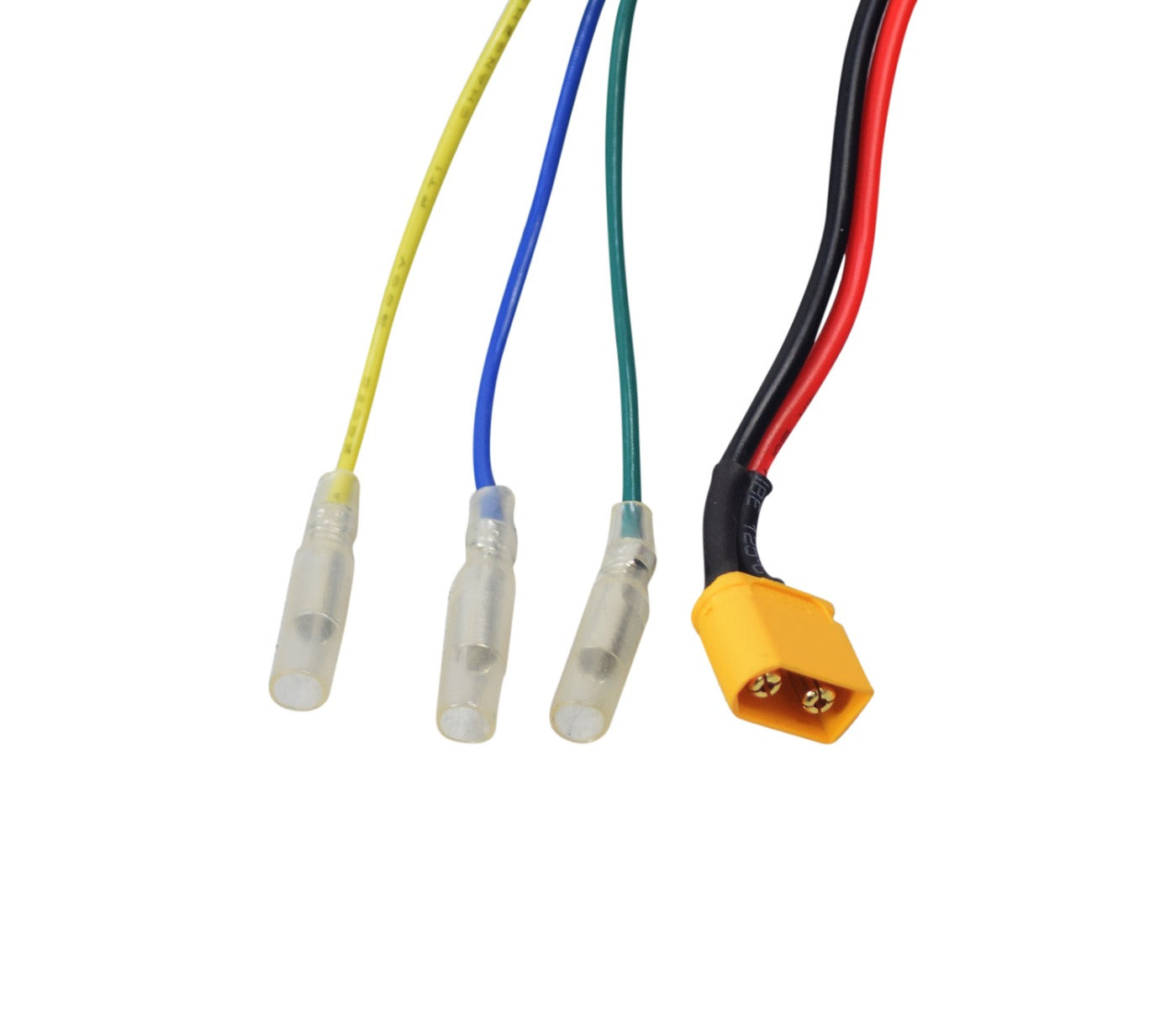 Control Module for the Jetson® LX10 Folding Electric Bicycle, shown with a group of wires and connectors, including black and red cables, yellow plugs with gold screws, and additional assorted wires.