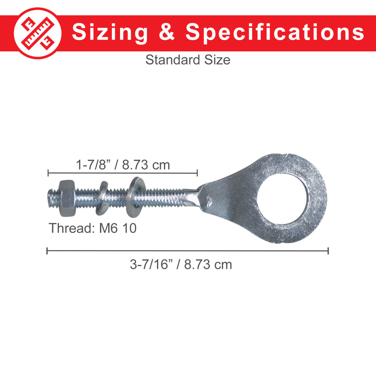 Chain Adjuster Tensioner for the Monster Moto / Mega Moto Classic 105cc, Classic 1000w, MM-B80 80cc, Motovox MBX10, & MBX11 Mini Bikes: A silver bolt and nut with a round ring.