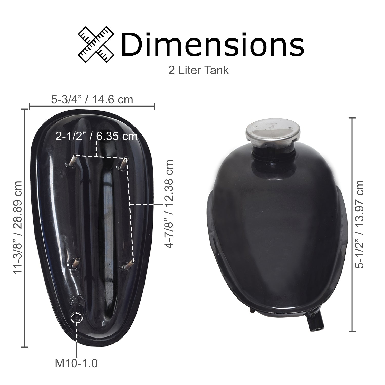 Fuel Tank for 48cc - 80cc 2-Stroke Bicycle Engine Kits (2 Liter / 3 Liter), featuring a black steel body with a polished chrome cap and mounting holes.