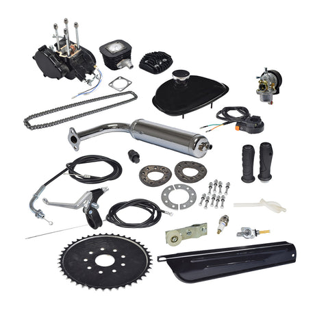 80cc 2-Stroke Gasoline Bicycle Engine Kit, unassembled parts including an engine, exhaust pipe, fuel tank, and throttle, designed to convert bicycles into motorized vehicles.