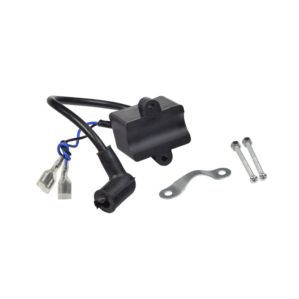 80cc 2-Stroke Gasoline Bicycle Engine Kit with black electrical device, wires, screws, and close-up components like a spark plug, metal clip, and throttle cable, ready for assembly on any bicycle.