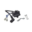 CDI Ignition Coil with Hardware for 50cc, 66cc, & 80cc Motorized Bike Engines, featuring a black electrical device with attached wires, metal clips, screws, a bracket, two nuts, and two bolts.