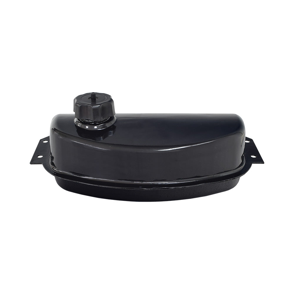 Fuel Gas Tank for 110cc Go-Karts & Dune Buggies featuring a black metal body with a plastic cap included, suitable for models like Coolster, Kandi, and TaoTao.