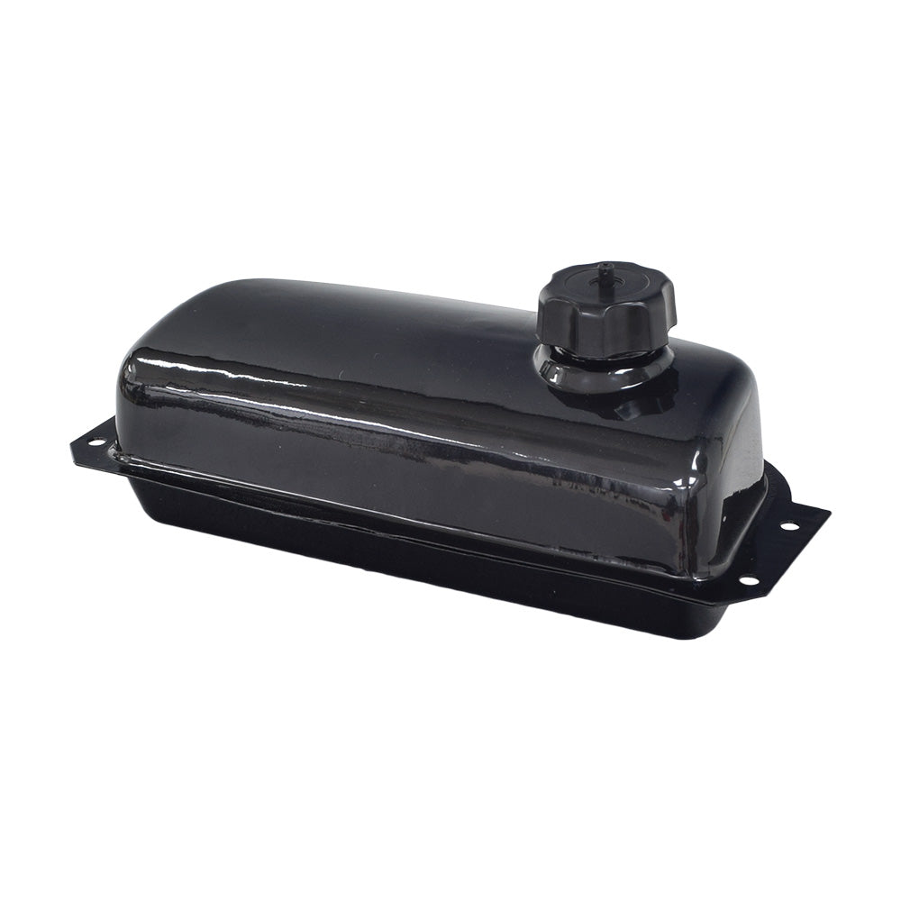 Fuel Gas Tank for 110cc Go-Karts & Dune Buggies, featuring a black-finished metal container with a cap, suitable for various models like Coolster, Kandi, and TaoTao.