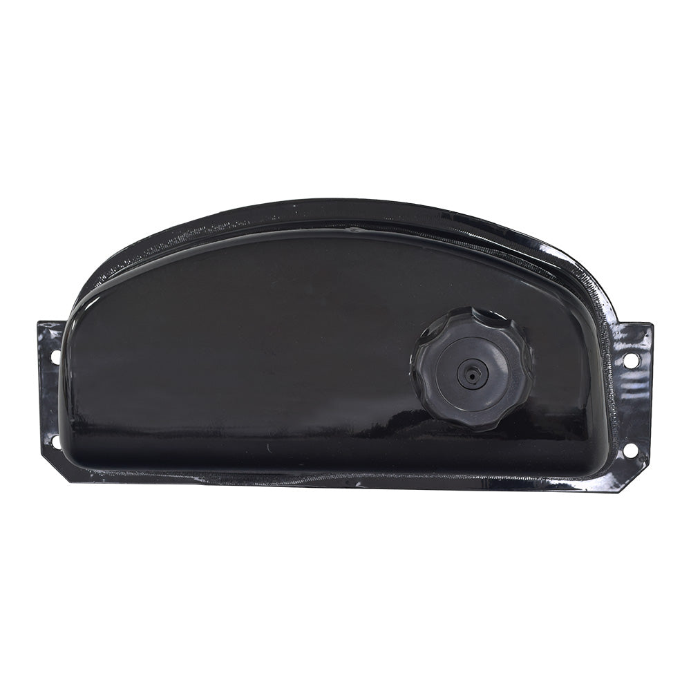 Fuel Gas Tank for 110cc Go-Karts & Dune Buggies, black-finished metal with cap and petcock, round hole and screw detail visible, compatible with various Chinese-made models including Coolster, Kandi, and TaoTao.