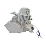 48cc 2-Stroke Bicycle Engine: A silver engine with visible blue wire, ideal for converting pedal bikes to gas-powered. Note: Engine only, no ancillary parts included.